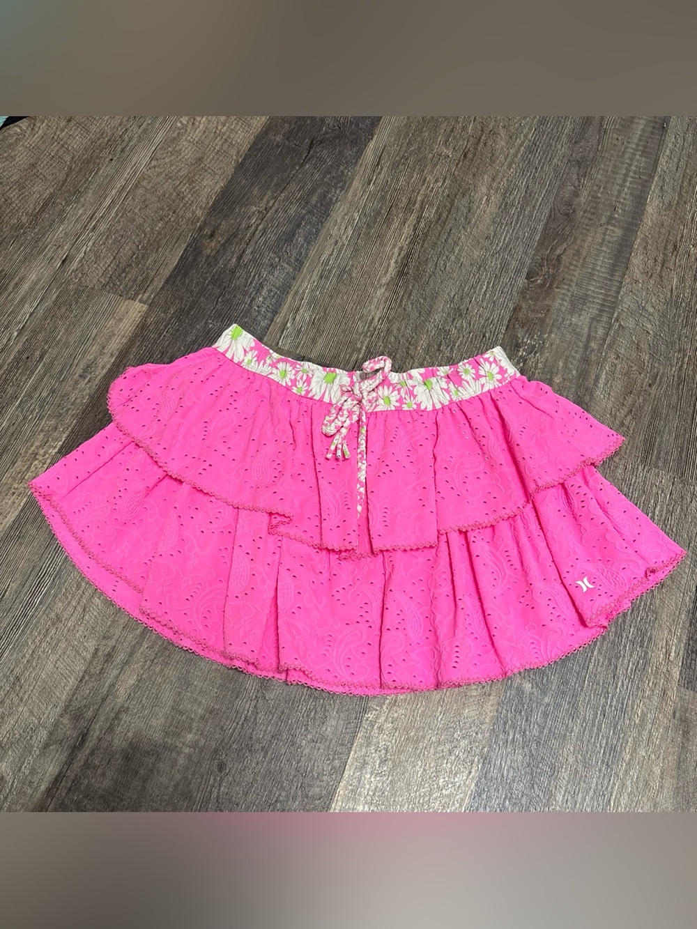LoveShackFancy x Hurley Hot Pink Tiered Eyelet Mini Skirt with Floral Waist